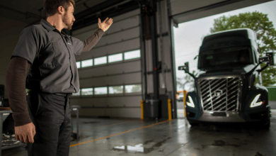 A man in a work uniform gestures toward a Volvo semitruck at the open door of a dealer service bay