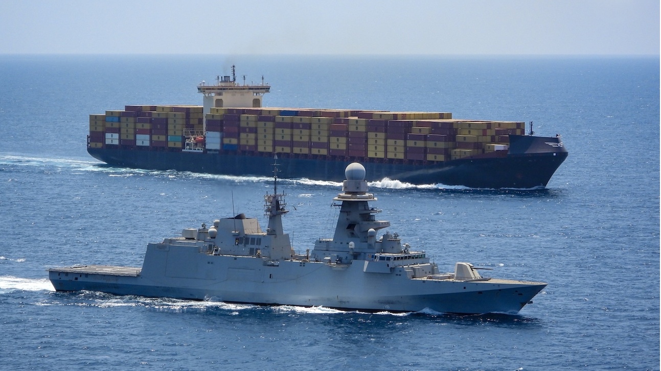 A warship with the EU-based Aspides security force escorts an unidentified container ship in the Red Sea in this photo dated Oct. 12, 2026. (Photo: European External Action Service - EEAS)
