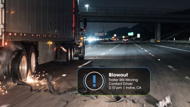 Phillips Connect TrailerSignal notification showing a trailer tire blowout along a highway
