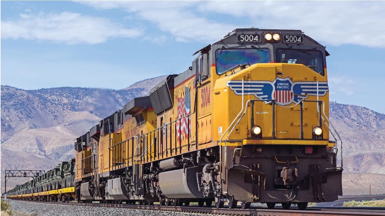 UP 5004 leads a unit train of military equipment in 2018. (Photo: UP)