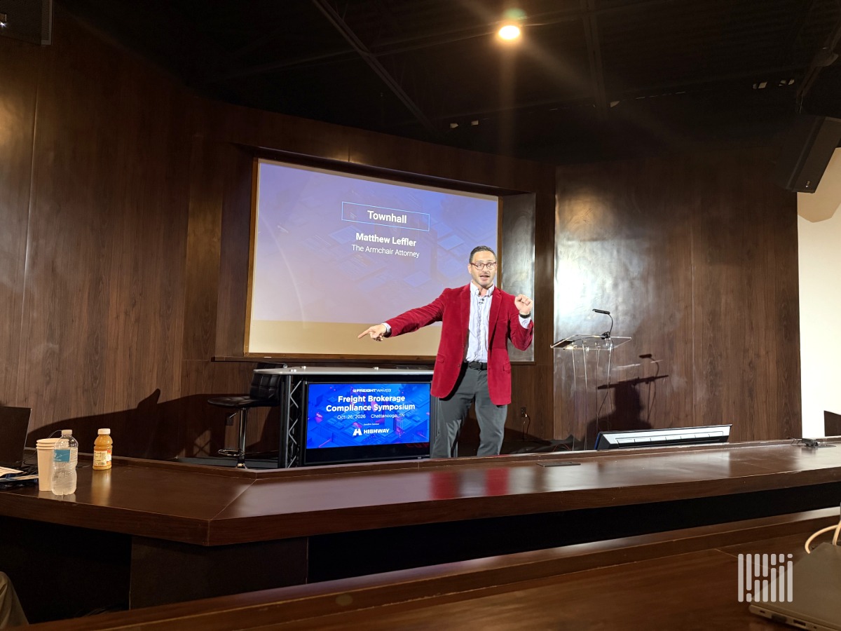 Attorney Matthew Leffler, known as The Armchair Attorney, takes live questions on broker liability during a town hall at the FreightWaves Broker Compliance Symposium. (Photo: Adam L. Wingfield, FreightWaves)