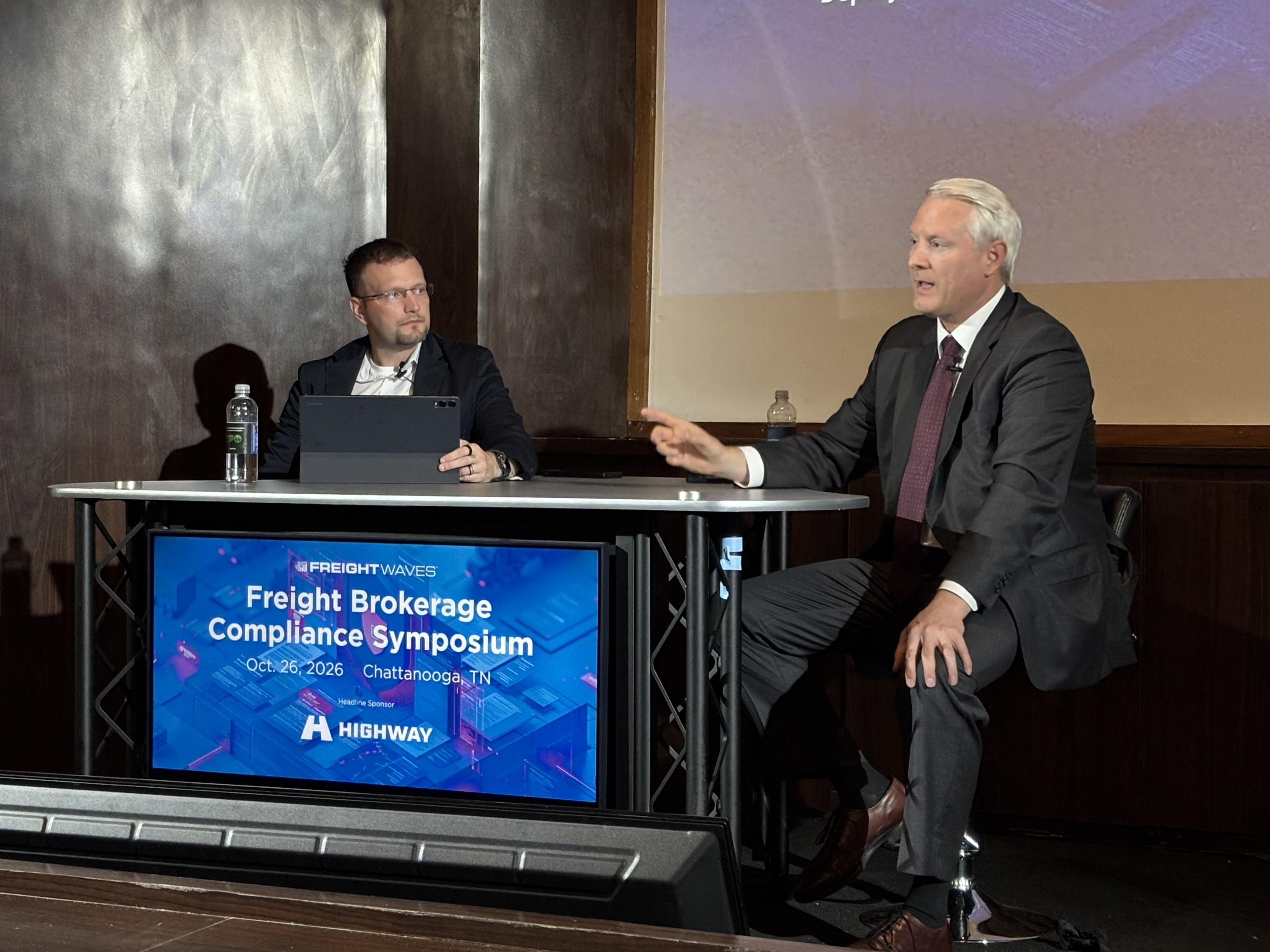 Jesse Elison (r) with FreightWaves' Charles Gracey at the Broker Compliance Symposium in Chattanooga. (Photo: FreightWaves)
