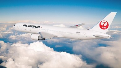 A Japan Airlines Cargo jet seen flying above the clouds.