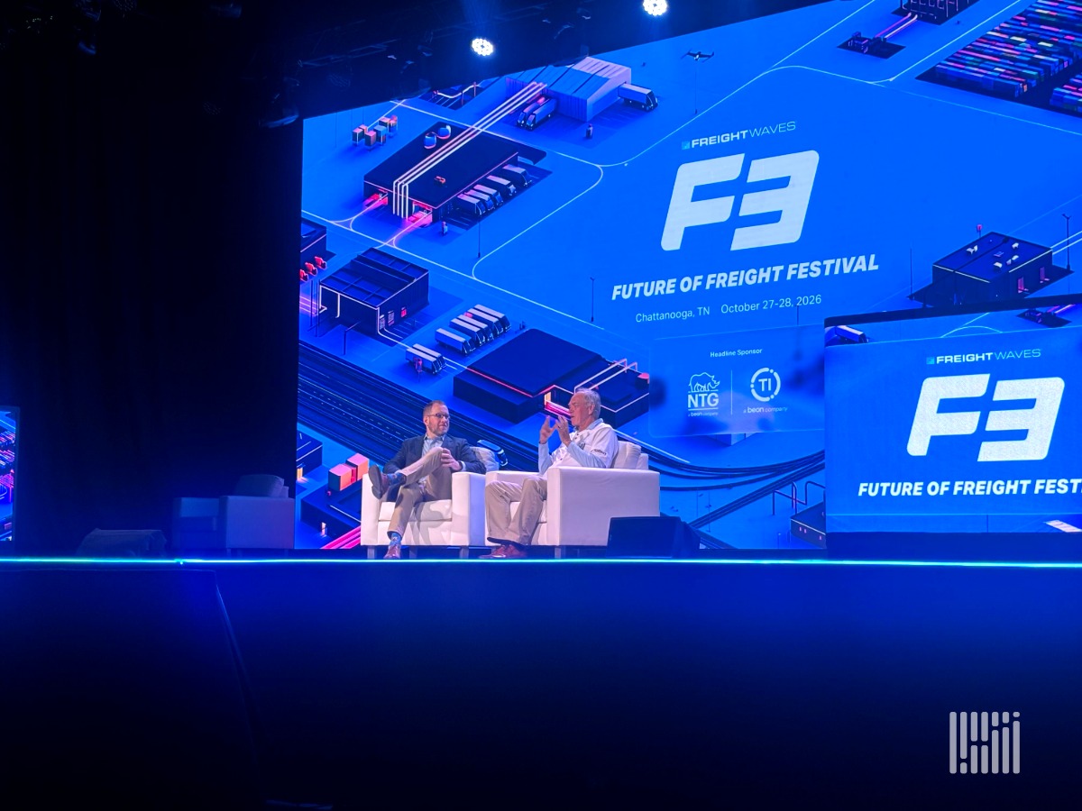 FreightWaves editor-at-large John Kingston, right, and GasBuddy head of petroleum analysis Patrick De Haan discuss diesel’s record run and its break from gasoline on stage at F3 in Chattanooga.(Photo: Patrick Hatzis, FreightWaves)