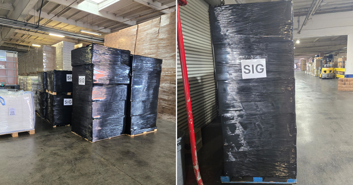 Pallets of SIG Sauer products involved in a $500,000 cargo theft following a fictitious warehouse pickup in Torrance, California. (Photo: Los Angeles County Sheriff's Department)
