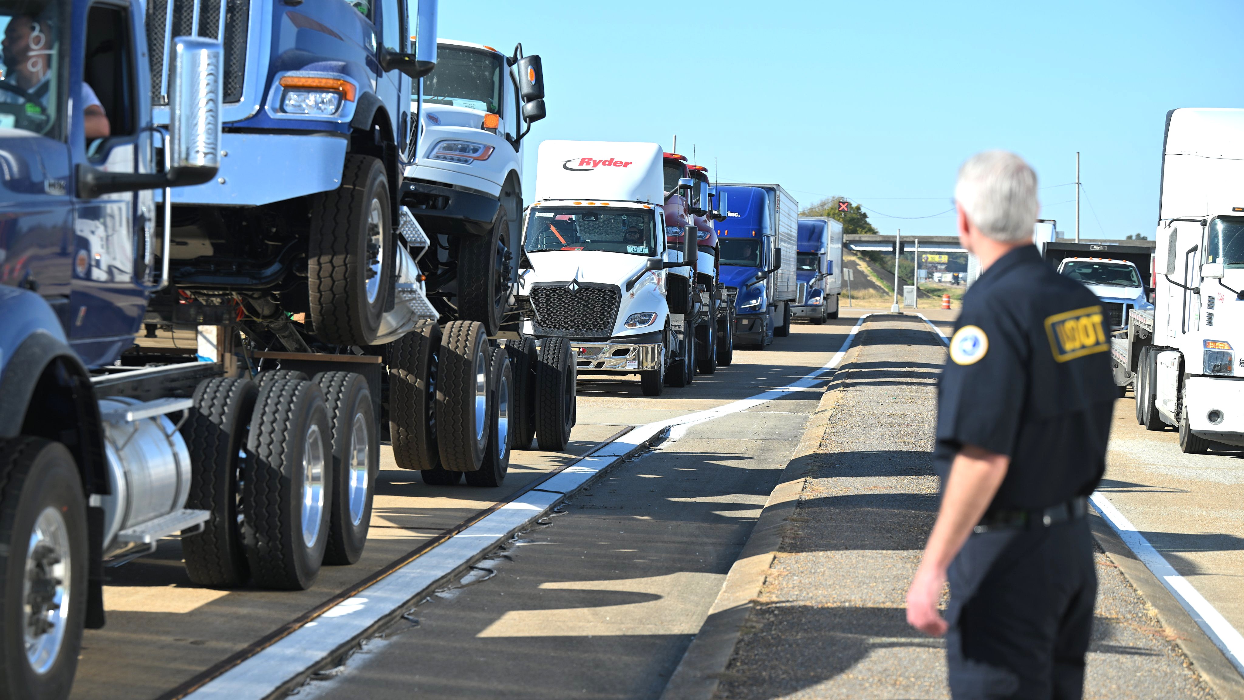 Commercial trucks line up for inspections during Arkansas' 48-hour Operation Highway Shield, which resulted in more than 1,000 motor carrier safety violations. (Photo: Arkansas Department of Transportation)